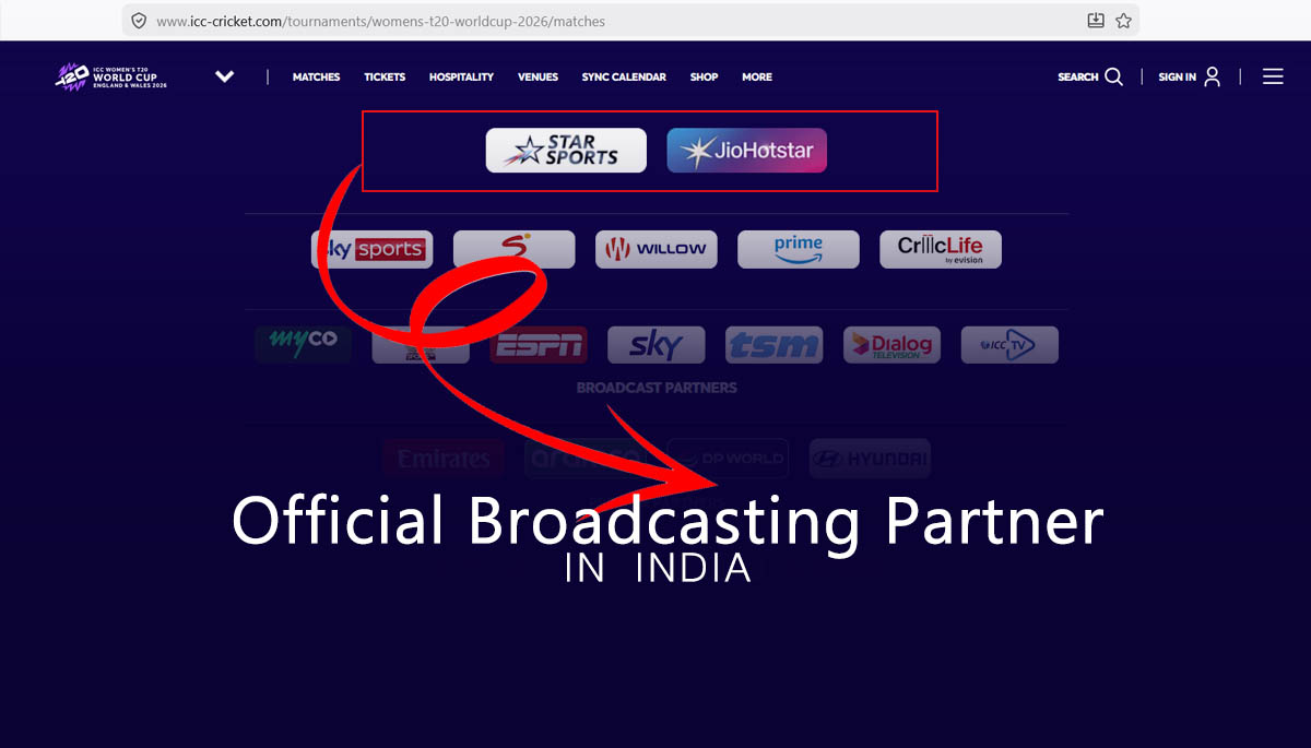 Jiohotstar and Star Sports TV Network are official broadcasting partners in India to Air Women's T20 World Cup 2026
